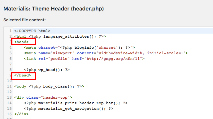  <head> élément dans le fichier header.php